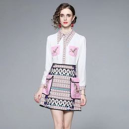 Fashion Runway Summer Skirt Suit Womens Horse Geometry Print Blouse And A Line Pocket Buttons Skirt 2 Two Piece Set 240429