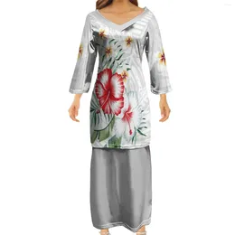 Party Dresses Custom V-Neck Pretaxi Two-Piece Polynesian Tribal Print Samoan Women'S Elegant White Dress