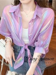 Women's Polos 2024 Summer Korean Lace Up Shirt Sunscreen Half Sleeves Shining Glittering Tunic Sexy Chiffon Fashion Versatile