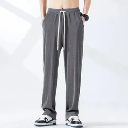 Men's Pants Summer Thin Trendy Loose Ice Silk Casual Straight Sports Solid Elastic Waist Pockets Drawstring Wide Leg Trousers