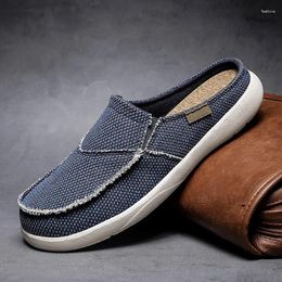 Slippers Casual Slip On Mens Shoes Outdoor Walking Comfortable Canvas Korean Trend Baotou Half Drag Slides Zapatillas