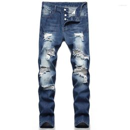 Men's Jeans Nostalgic Blue Denim Straight Buttons Personalised Holes High Street For Male Plus Size 40 42