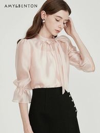 Women's Blouses French Style Temperament Bow Stand Collar Pink Blouse Women Summer Thin Bell Sleeve Loose Slimming Shirt Office Lady Camisas