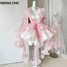 REDDACHiC Princess Pink Mini Evening Dress Lolita Tutu with Train Lace-up Ruffle Puffy Underskirt Shawl Shrug Women 3-piece Set 240425