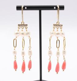 Dangle Chandelier Jewelry Natural White Pearl Pink Coral CZ Pave Hook Earrings For Women Lady GiftDangle8040454