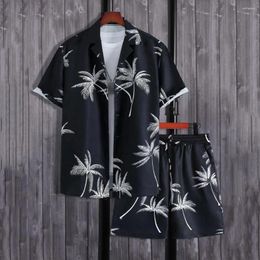 Men's Tracksuits Polyester Men Suit Summer Casual Coconut Tree Print Shirt Shorts Set With Elastic Drawstring Waist Hawaiian For Beach