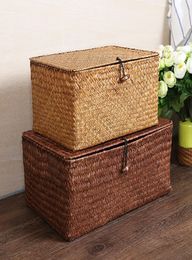 European Creative See Grass Straw Handmade Woven Basket With Cover Rattan Box Bin Storage Sundries Holder Home Decor5608494