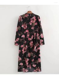 Casual Dresses Womens High Colalr Long Sleeve Straight Slit Dress Ladies Elegant Flower Print Waist Spring Black