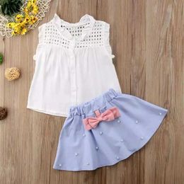 Clothing Sets Kids Clothes Girls 2022 New Ruffle Neck Shirt Blouse Tops+Bowknot Peal Skirt Outfits Clothes Set 2PCS Wholesale Clothing