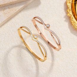 Bangle Women's Personalized Cross Twist Luxury Rhinestone Inlaid Open Bracelet Stainless Steel Sweet Romantic Style Semi-hollow Jewelry