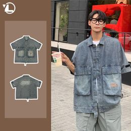 Men's Casual Shirts American Retro Mens Denim Shirt Washed Multi Pockets Hip Hop Short Sleeved Cowboy Tooling Jackets High Street Trend Tops