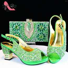 Dress Shoes Green Colour Fashion Arrivals 2024 Spring Summer Design Italian Women Matching Bag Set With Shinning Crystal For Party