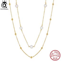 ORSA JEWELS 14K Gold Layered Pearl Necklace with Handmade Natural 925 Sterling Silver Tiny Vintage Chain for Women GPN62 240422