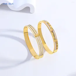 Bangle SUNSLL Luxury Roman Numerals Cubic Zircon Stainless Steel Gold Plated For Women Men Accessories Party Jewellery Classic