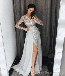 2019 V Neck Long Sleeves Prom Dress A Line Split Formal Holidays Wear Graduation Evening Party Gown Custom Made Plus Size8365145