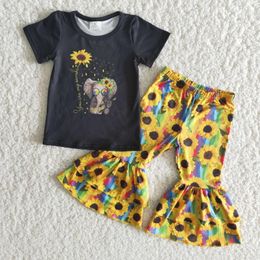 Clothing Sets 2024 Lovely Children's Elephant Sunflower Printed Fashion Toddler Baby Girls Clothes Short Sleeve Bell Pants