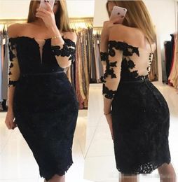 Black Sheath Long Sleeves Short Cocktail Dresses Off the Shoulder Lace Appliques Knee Length Girls Informal Prom Celebration Party5046377