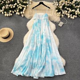 Casual Dresses French Chic Spaghetti Strap For Women Tie Dye Zipper Long Dress Female Elegant Vestidos 2024 Summer Drop