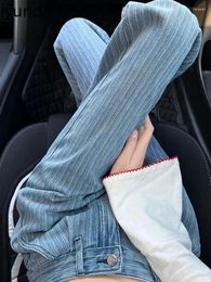 Women's Jeans Iyundo Women's Summer Baggy Pants Light Blue Striped Denim For Women Hiphop Korean Clothes 2024 Y2k Trousers