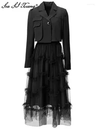Work Dresses Seasixiang Fashion Designer Autumn Suit Women Long Sleeve Short Coat Spaghetti Strap Ruffle Mesh Two-Piece Set