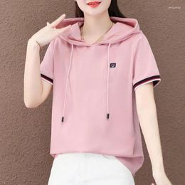 Women's Polos Black White Hooded Short Sleeve T-shirt Thin Summer Tops 2024 Loose Casual Female Tees