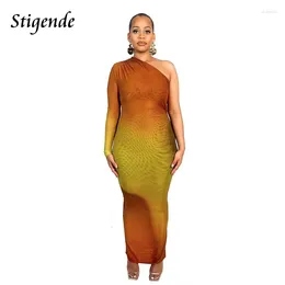 Casual Dresses Stigende Gradient Colour One Shoulder Long Dress Women Sexy Slash Neck Hollow Out Club Party Birthday