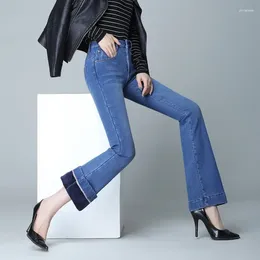 Women's Jeans Autumn Winter Stretch Flared Denim Women With Plush Thicken Warm Pants Slimming Fit Velvet Lining Flare Big LJ412