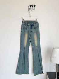 Women's Jeans American Retro Flare Low Waist Basic Bell Bottoms Women Fashion Washed Blue Denim Trousers Split Hem Hiphop High Street