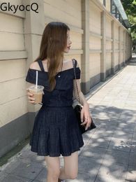 Work Dresses GkyocQ Korean Fashion Women Two Piece Skirt Sets Chic Camisole Off Shoulder Short Sleeve Denim T-shirt A Line Pleated