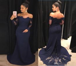 Navy Blue Evening Dresses Mermaid Lace Long Sleeves Prom Gowns Off The Shoulder Sweep Train Bridesmaid Dress Formal Party Gowns8933269