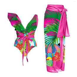 Women's Swimwear Vintage Print One Shoulder Ruffled Swimsuit And Wrap Skirt Set Boys Pool Cover Up