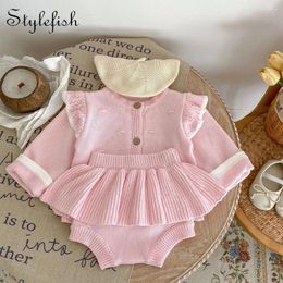 Clothing Sets Spring And Autumn Infant Girl Baby Pink Versatile Long Sleeved Small Flap Knitted Coat Ruffle Skirt Pants