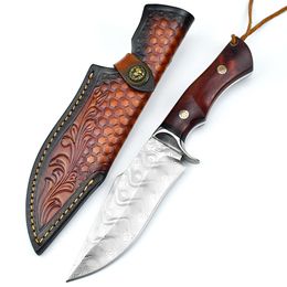 High-End Handmade Damascus Steel Fixed Blade Knife Rosewood Handle Outdoor Camping Knife Leather Sheath For Collection Gift