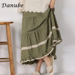 Skirts Vintage Mori Girl Green Flower Cotton Long Women Spring Summer Elastic Waist A-Line Casual Loose Faldas Para Mujer