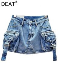 DEAT Womens Denim Skirt Solid Color High Waist Wrap Hip 3d Pockets A-line Short Cargo Miniskirt 2024 Summer Fashion 29L6720 240424