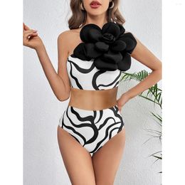 Women's Swimwear 2024 Sexy Three-dimensional Flowers Two Piece Swimsuit Solid One Shoulder Womena Retro Bathing Suit