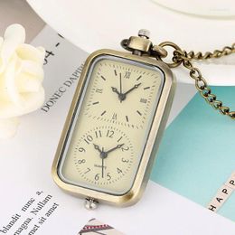 Pocket Watches Bronze Rectangle Shape Dual Time Zone Watch Arabic Roman Number Display Quartz Movement Men Women Sweater Necklace Chain