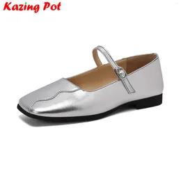 Dress Shoes Krazing Pot Cow Leather Shallow Square Toe Summer Chunky Low Heel Mary Janes Sweet Elegant Office Lady Women Pumps