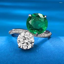 Cluster Rings 2024 S925 Silver 10mm Simulated Emerald Round Diamond Cross Border European And American Instagram Style