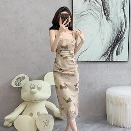 Casual Dresses Floral Chinese Style Sleeveless Suspender Dress For Women's Summer 2024 Slim Fit And Slimming Mid Length Skirt Print