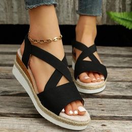 Sandals Women Large Size Summer Flat Bottom Slope Heel Peep Toe Casual Female Footwear Womens Elastic Band Beach