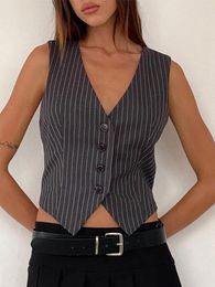 Women's Tanks Fashion Women Front Button Fitted Waistcoat Vintage Stripe Sleeveless Welt Pockets Female Outerwear Chic Vest Top Streetwear