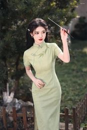 Ethnic Clothing Sexy Short Sleeve Female Qipao Classic Elegant Mandarin Collar Long Cheongsam Slim Split Chinese Embroidery Dress Vestidos