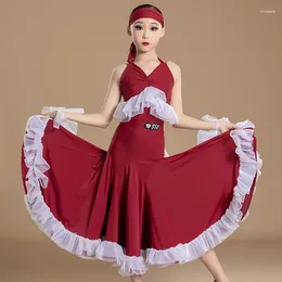 Stage Wear Girls Standard Ballroom Dress Red Sleeveless Waltz Dancing Costume Prom Suit Competition Performance Dance VDL260