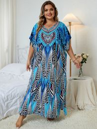 2023 Leopard Print Kaftan Dresses for Women Plus Size Summer Beach Swim Cover Up Loose Fit Resort Wear Maxi Q1415 240419