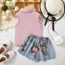 Clothing Sets Summer Girls Suits Sleeveless Lapel Shirt+Denim Shorts Fashion Children Casual Clothing Two Piece Sets Baby Girl Outfit Set 2-7Y