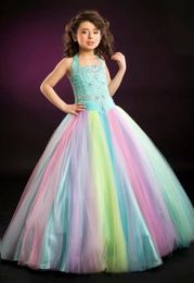 Lovely Rainbow Halter Tulle Beads Flower Girl Dresses Girls039 Pageant Dresses BirthdayHolidays Dresses Custom Size 214 FD7081968212