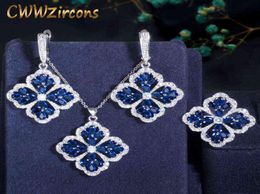 CWWZircons Dark Blue Cubic Zirconia Crystal Big Dangle Drop Lucky Flower Leaf Earring Necklace Ring Women Chic Jewellery Sets T328 23518356