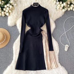 Party Dresses Elegant High Collar A-line Ribbed Knitted Long Dress Women Autumn Winter Sash Bandage Streetwear Stretch Lady Mid-length Robe