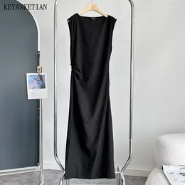 Casual Dresses KEYANKETIAN 2024 Launch Women's Sleeveless Cotton Linen Dress French Style Pleated Decoration Slim Back Split MIDI